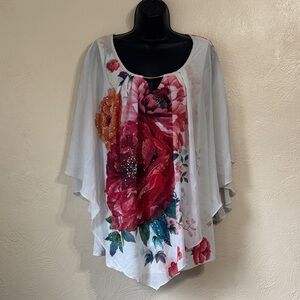 Simply Emma White Blouse with Red and Pink Floral Design